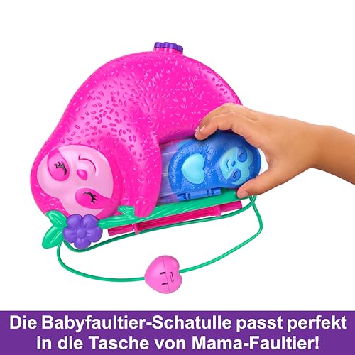 Polly Pocket Faultierfamilie 2-in-1 Taschenschatulle - Tropisches Abenteuer mit 12 Accessoires, Dschungelspielbereiche und versteckter Strand, für Kinder ab 4 Jahren, HRD40