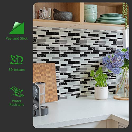 LONGKING 10-Sheet Peel and Stick Tile Backsplash, Vinyl 3D Self-Adhesive Tile Stickers for Kitchen, Bathroom, Counter Top, Marble 79