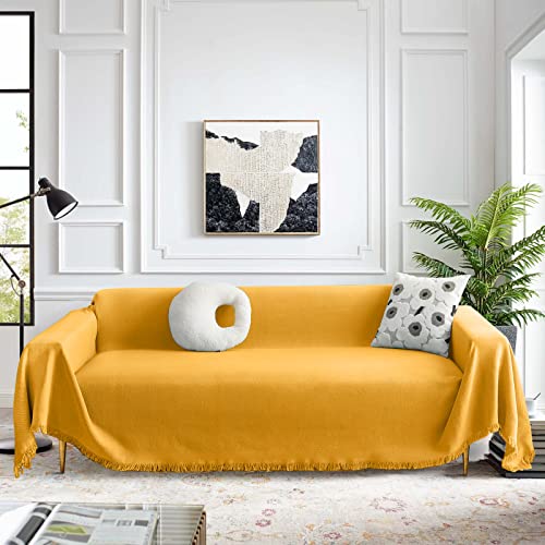 Meetsky Orange Couch Cover Sofa Slipcover, Sectional Sofa Covers Protector Universal Use Cotton Blend Thick Fabric Washable, Woven Texture Modern Design For Bedroom, 71" X 102", Large, Yellow #TOP16