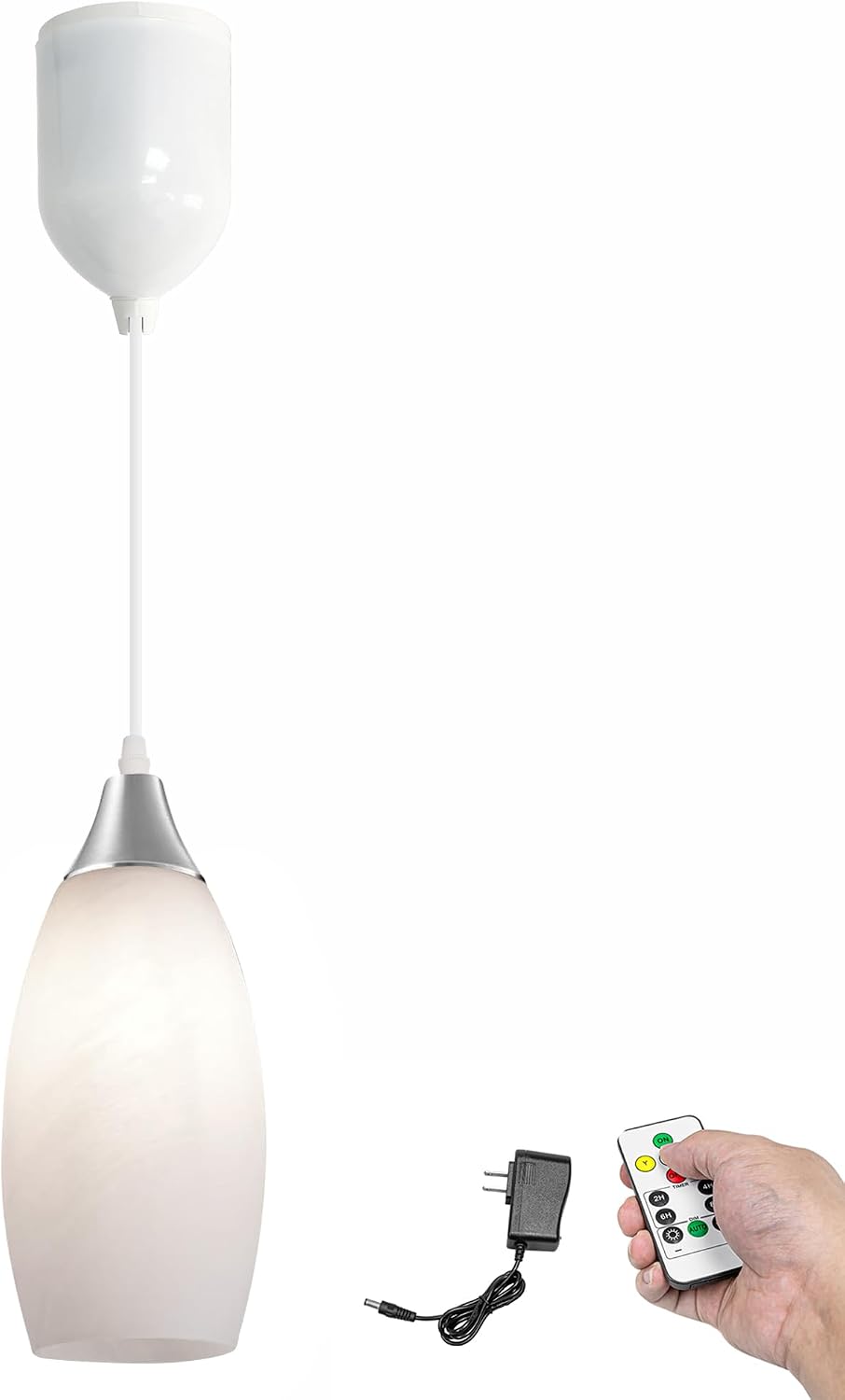 Kiven Battery Operated Pendant Light with Remote Control,1-Light Rechargeable Hanging Pendant Light Adjustable Height with Art Glass Globe for Bedroom Kitchen Bar Living Room TB3232-E