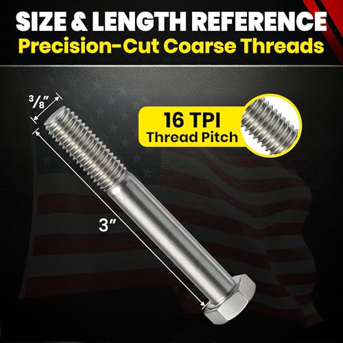 Image of Chenango Supply 3 /8-16 x 3 Stainless Steel Hex Head Bolts - 304 Stainless, USS Coarse Thread, 100,000-125,000 PSI Tensile Strength, Corrosion-Resistant Hardware Bolts, (25 Pieces, 3 /8-16 x 3)