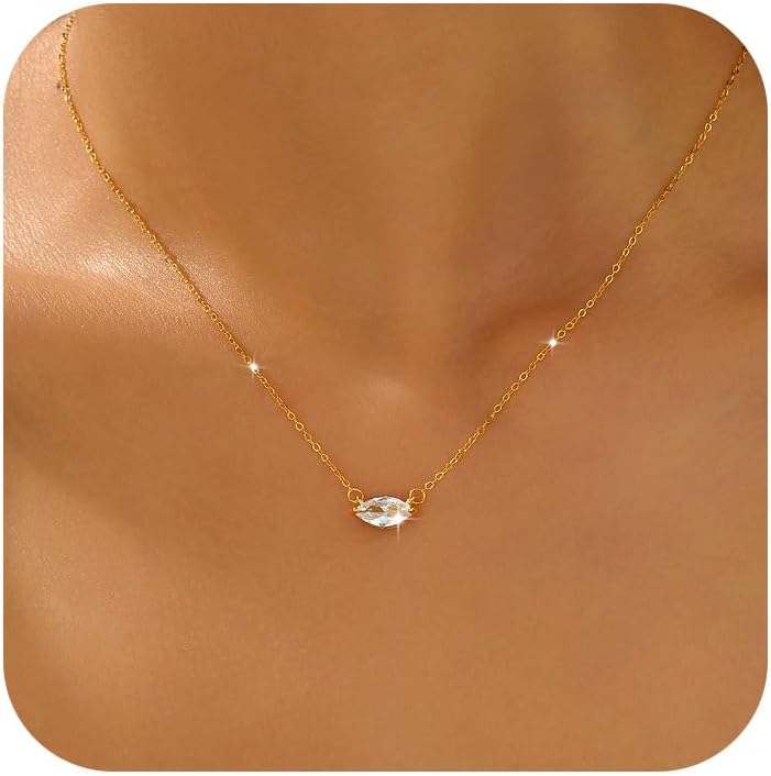 2ct Imitation Diamond Necklaces for Women 925 Sterling Silver Trendy 14K Gold Plated Dainty Horse Eye Marquise Cut Cubic Zirconia Pendant Necklace Simple Charm Chain Mother's Day Easter Jewelry Gifts