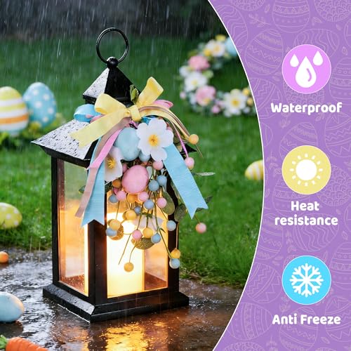 Image of Easter Decorative Candle Lanterns, Battery Operated with Timer, 2 Pack Black Easter Egg Lanterns, 14 inch Waterproof Hanging Lanterns for Porch, Patio, Wedding Spring Decor