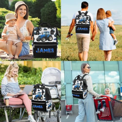 Image of Large Diaper-Bag-Backpack Waterproof Nappy-Bag Baby-Gifts Blue Tractor | Monogrammed Baby Backpack for Traveling Stroller Organizer Mommy Bag for New Parents Personalized Baby Shower Gifts
