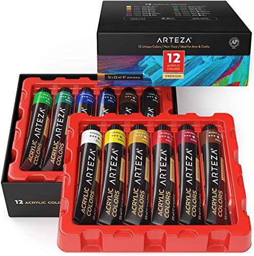 ARTEZA Acrylic Paint Set, 12 Colours/Tubes, (22 ml, 0.74 oz.), with Storage Box, Rich, Pigments, Non Fading, Non Toxic, Art Supplies for the Professional Artist & Hobby Painters