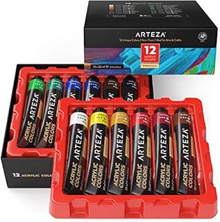 ARTEZA Acrylic Paint Set, 12 Colours/Tubes, (22 ml, 0.74 oz.), with Storage Box, Rich, Pigments, Non Fading, Non Toxic, Art Supplies for the Professional Artist & Hobby Painters