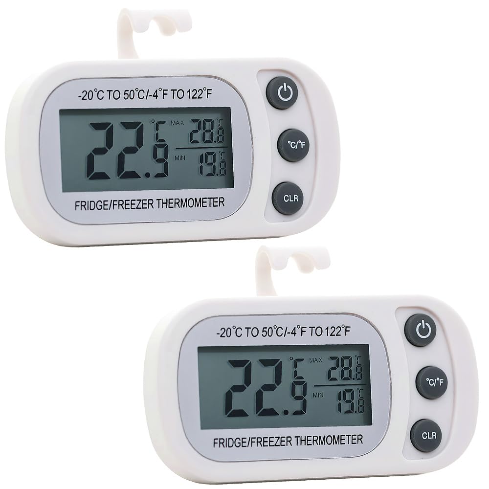 Lotvic Fridge Thermometer Digital, 2PCS Refrigerator Thermometers, Freezer Thermometer with Large LCD Display Min/Max ยฐC/ยฐF Function, Fridge Thermometers UK for Freezer Refrigerator (2 Pack White)