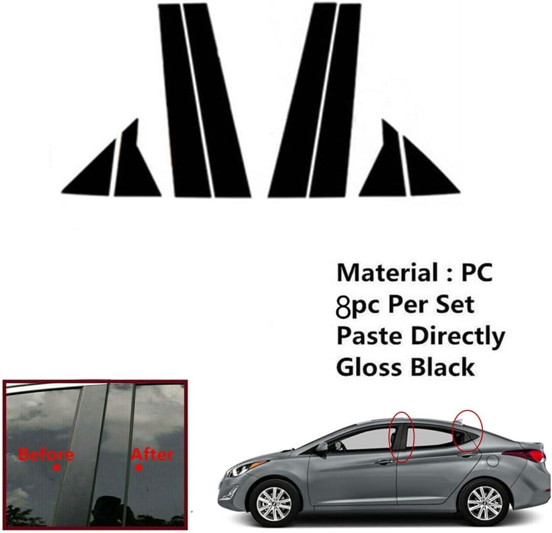 8Pcs Car Pillar Post Side Door Window Cover Trim for Hyundai Elantra Sedan 2011 2012 2013 2014 2015 2016 Gloss Black
