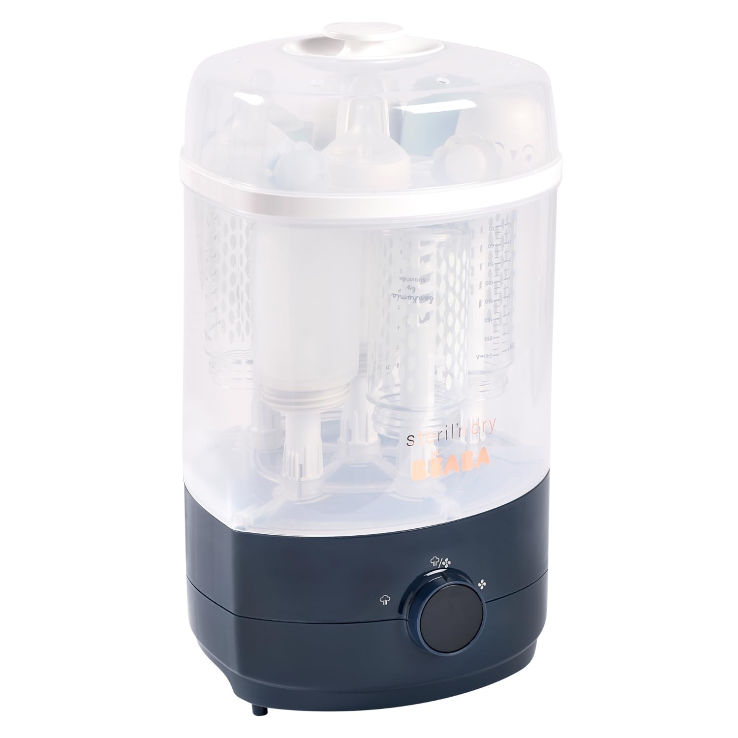 Béaba Esterilizador Secabiberones y Accesorios 2 en 1, 2 Compartimentos, 3 Modos, Elimina el 99.9% de las Bacterias, Gran Capacidad, Sin Filtro, Modular, Sencillo y Rápido, Steril'n'Dry, Azul Noche