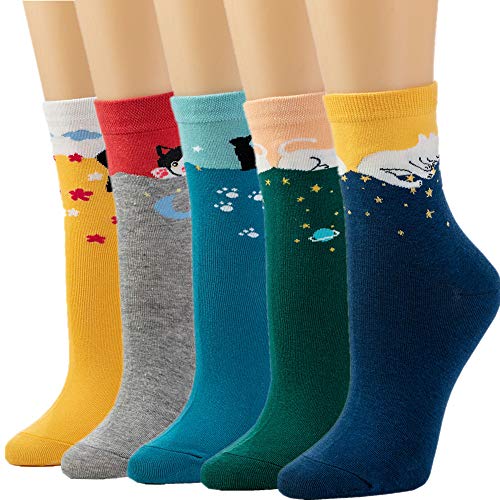 5 Pairs Women Crew Socks Casual Cute Cotton Animal Socks Long Ankle Socks Design for Girls WCS1(Night Cat)