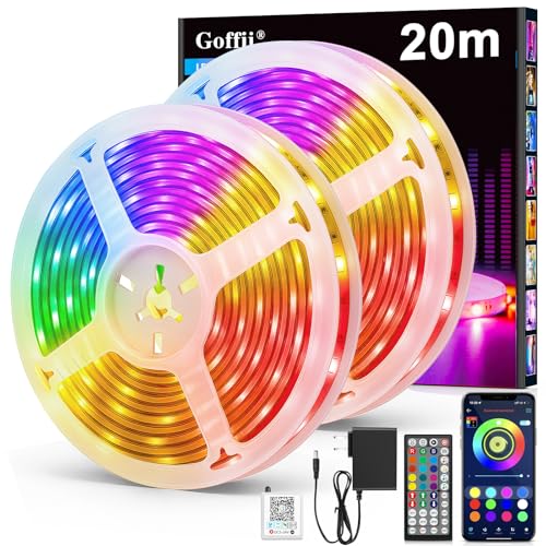 Goffii Striscia di luci LED da 20 metri, luci LED adesivi RGB Bluetooth con controllo tramite telecomando e App, cambia colore con la musica per decorare cucina, gaming, TV