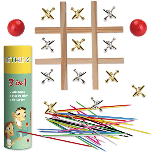 Trimagic 3-In-1 Family Games For Kids And Adults - Jacks Game With Ball, Pick Up Sticks, Wooden Tic Tac Toe Game- Classic Coffee Table Top Decor, Old Fashioned Toy Gift For Birthday Christmas Party #TOP2