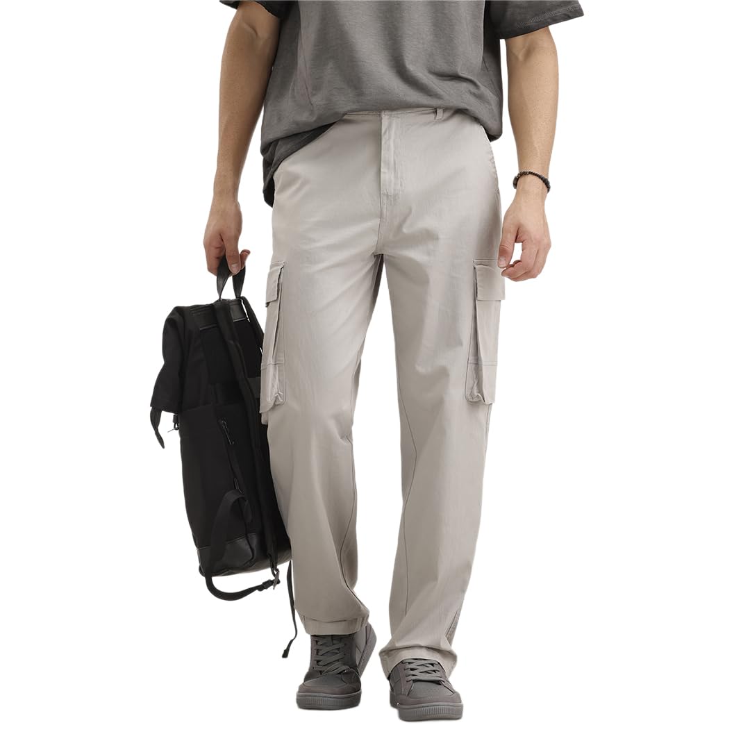 wrogn Men's Loose Fit Cargo Trouser | Grey Utility Casual Pants-picture-12