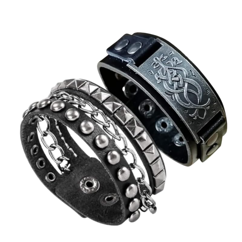 2pcs Punk Leather Cuff Bracelets - Goth Rock Leather Wristbands with Chain for Party