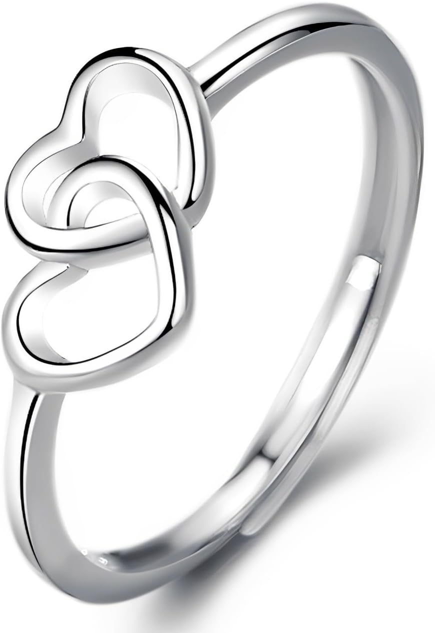 Sterling Silver Heart Rings for Women, Adjustable Double Heart Ring, Promise Rings for Her, Mom Gifts, Birthday Gifts for Women