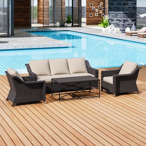 Image of 4 Piece Patio Furniture Set, Wicker Outdoor Conversation Set | Patio Chair Set with Olefin Removable Cushion, All-Weather Outdoor Couch with Deep Seat for Porch, Deck and Backyard, Beige