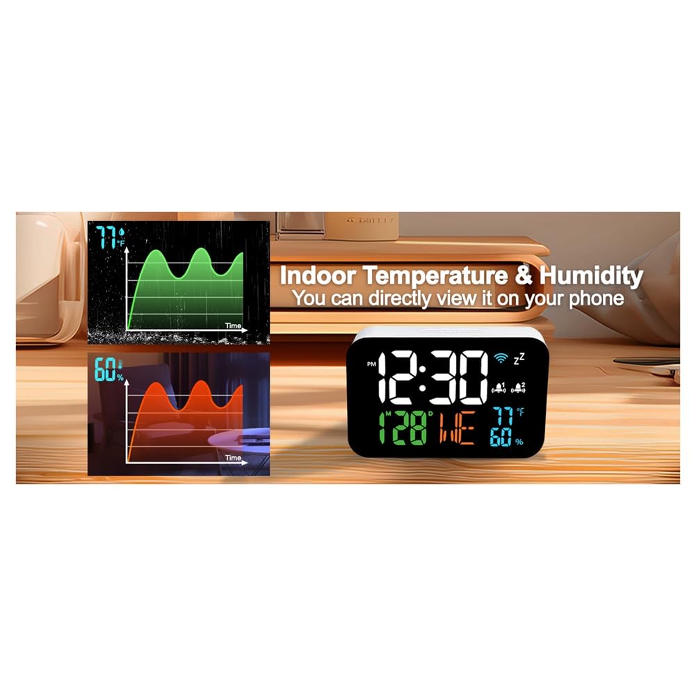 Tuya WiFi Reloj Calendario Termómetro Inteligente Higrómetro con Pantalla LED Digital Soporte WiFi Autocalibración