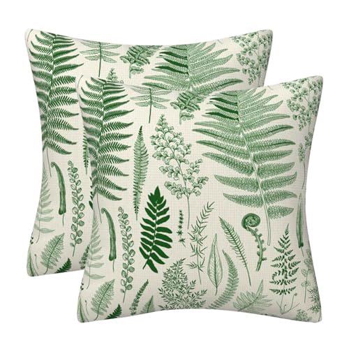 DILOXNSU Cushion Covers 45 x 45 cm Green Vintage Botanical Leaf Set of 2 Double Sided Pillow Covers 18x18 Inch Decorative Cushions Cases Linen Home Decorations Bedroom Sofa Couch Garden Decor