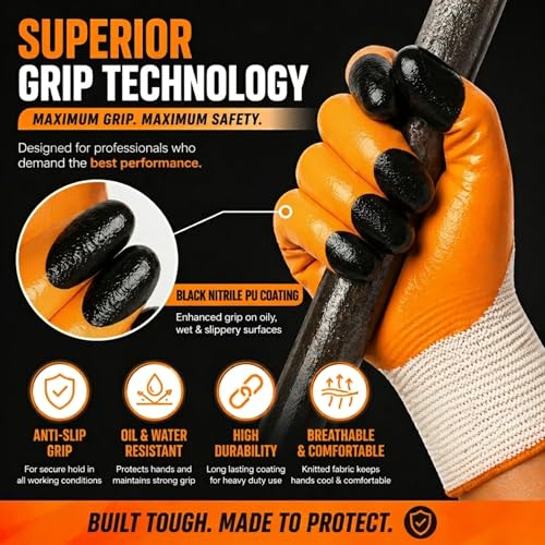 Image of Multipurpose Use |Anti Cut Nitrile Coated Nylon Knitting Work Safety Gloves | Hand & Fingers, Gardening, Construction, Agriculture & Automotive - Durable & Comfortable (ORANGEBLACK-5PAIRS)