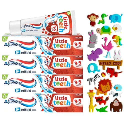 4 Pack Bundle - Multipack - Aquafresh Little Teeth Toothpaste 3-5 Years (4X 50ml). A Hadco Bundle with Our 3D Puffy Sticker Sheet Included (Sticker Sheet Chosen at Random).