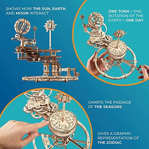 UGEARS Mechanical Tellurion 3D Puzzles - Earth and Moon Jigsaw 3D Wooden Puzzles for Adults and Kids - Model Kits for Adults to Build - Educational Solar System Model Kit - DIY Rotating Planetarium