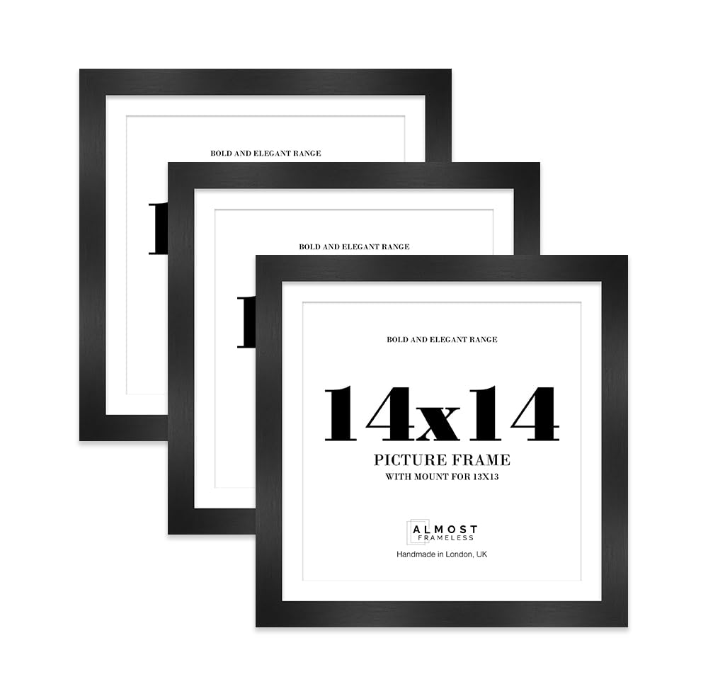 14x14" Black Square Frame With Mount for 13x13" Pictures 28mm Edge Frame Display with Wall Hooks, 3 Pack