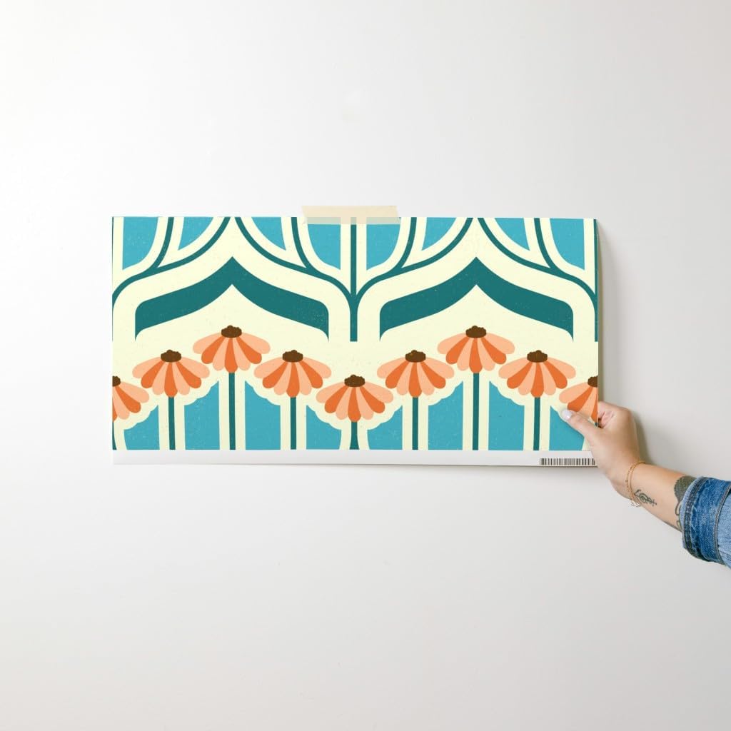 Peel & Stick Wallpaper Swatch - Retro Daisy Vintage Blue Flowers Orange Art Nouveau 70S Custom Removable Wallpaper by Spoonflower