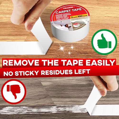 Image of Carpet Tape Double Sided - Rug Tape Grippers for Hardwood Floors and Area Rugs - Carpet Binding Tape Strong Adhesive and Removable, Heavy Duty Stickers Grip Tape, Residue Free (2 Inch / 100 Yards)