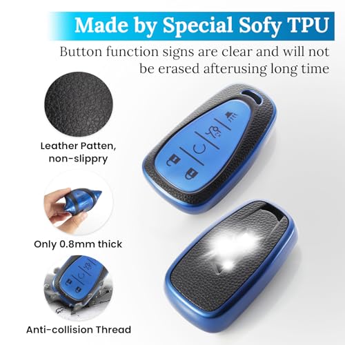 Image of for Chevy Key Fob Cover with Metal Braided Rope Keychain, Upgraded TPU Surface Grain Key Case for Malibu Equinox Blazer Trax Traverse Camaro Volt (5 Buttons) (Blue, B1)