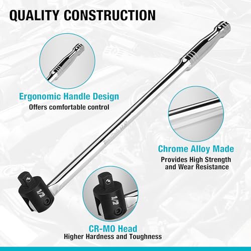 Image of DURATECH Breaker Bar, 1 /2'' Drive 17.5-Inch Breaker Bars Heavy Duty, with 240 Flex Head, Spring-loaded Detent Ball, Premium Chrome Alloy Made