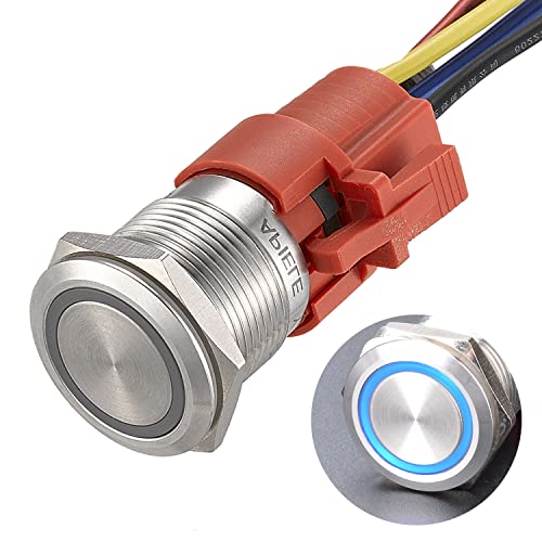 Apiele 19Mm Momentary Push Button Switch On Off Stainless Steel With 12V Led Angel Eye Head For 19Mm 3/4 Mounting Hole With Wire Socket Plug Self-Reset (Blue) #TOP17