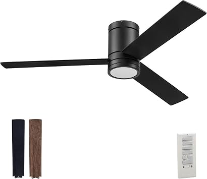 Prominence Home Espy Modern 52 Inch Ceiling Fan with Light, LED, Remote Control, Flush Mount Indoor Fan with 3 Blades, Matte Black and Honey Birch Blade Finish Options, Matte Black 51464-01