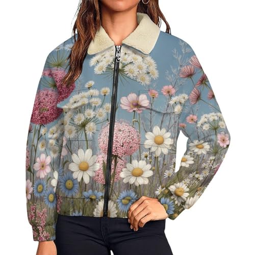 Veste polaire femme chaude sweatshirt zippé à fleurs et blouson de sport casual