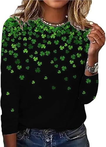 Women's St Patrick's Day T-Shirt Casual Long Sleeve Lucky Irish Shamrock Paddy's Day Graphic Tees Green Clover Tops (Green, XL)