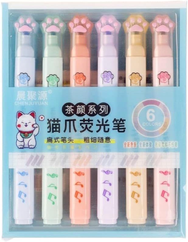 6Pcs/Set Colour mixture Double Head Highlighters, Japanese Fluorescent Pen, Vintage Highlighter, Candy Color Graffiti Pen, Cat Paw Shape Points Marker Liquid Highlighters Office School Supplies