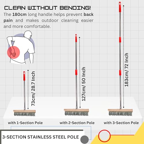 Image of Stainless Steel Wire Heavy Duty Brush 30 cm Durable Metal Wooden Brush with 70 inch Long Stainless Steel Pole for Swimming Pool, Terrace, Bathroom, Garden, Block, Moss, Stains Cleaning