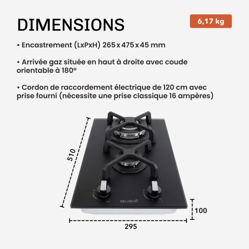 BELDEKO Plaque Gaz 2 Feux 5200W Noir Mat Grilles Fonte - Marque Française