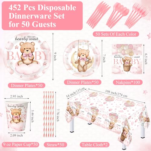Image of Funnymoom 452 Pcs 50 Guests We Can Bearly Wait Baby Shower Decorations Girl, Blue Baby Girl Shower Paper Plates Napkins Cups Tablecloth Cutlery Straws Tableware Set for Gender Reveal Party Supplies