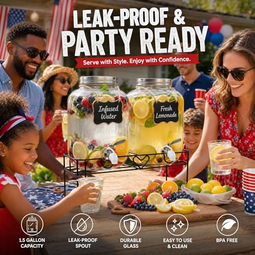 Image of 1.5 Gallon 2 Pack Drink Dispensers for Parties,Glass Drink Dispenser,Beverage Dispenser with Stand,304 Stainless Steel Spigot 100% Leakproof,Lemonade Dispenser,for Weddings, Picnic