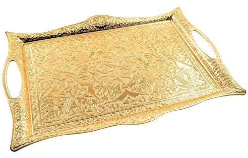 Turkish Tea Set for 6 - Glasses with Brass Holders Lids Saucers Tray & Glass Spoons,25 Pcs (Gold)