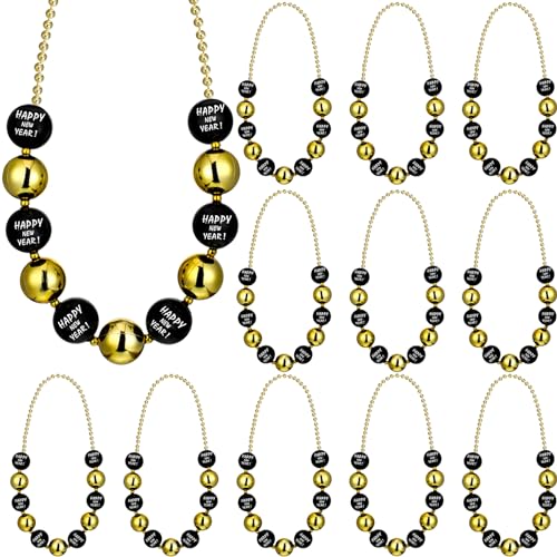 Lyrow 12 Pcs Happy New Year Jumbo Ball Necklace Bulk 2025 Black Gold New Year Eve Bead Necklace Party Accessories Assorted Holiday Beaded Costume for Party Favors