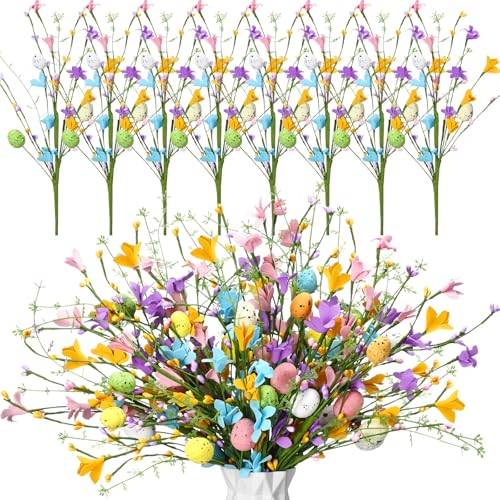 Giegxin 12 Pack 15.7 Inch Artificial Easter Flower Decorations Easter Egg Picks Colored Winter Jasmine Decorative Spring Floral Stems Flower Centerpieces for Table Home Decor(Easter Egg)