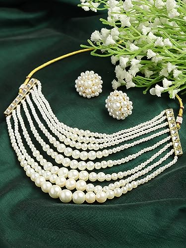 Image of Karatcart Pearl Multilayer Beaded Choker Necklace Set for Women