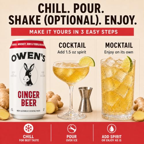 Image of Owen's Premium Non-Alcoholic Sparkling Cocktail and Mocktail Mixer, Drink Mixer for Cocktails, Mocktails, and Party Beverage, 24 Pack of 8.2 fl oz Cans (Ginger Beer)