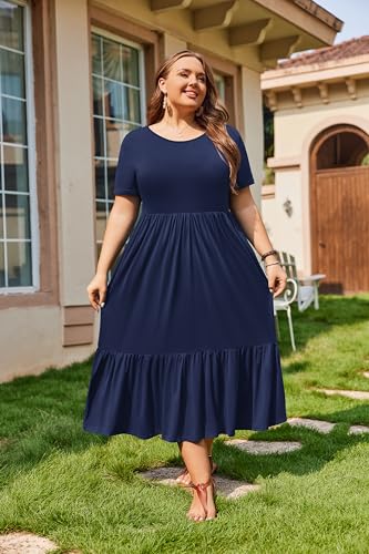 Image of IN'VOLAND Women Plus Size Short Sleeve Dress Loose Plain Casual Summer Flowy Tiered Long Maxi Dresses with Pockets