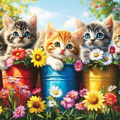 DPHERO 5D Trois Petits Chatons Diamond Painting Kits, DIY Fleurs Sauvages Art du Diamant Painting Kit Complet, Broderie Kits de Peinture sur Diamant Point de Croix Paint pour Adultes Débutants 30x30cm
