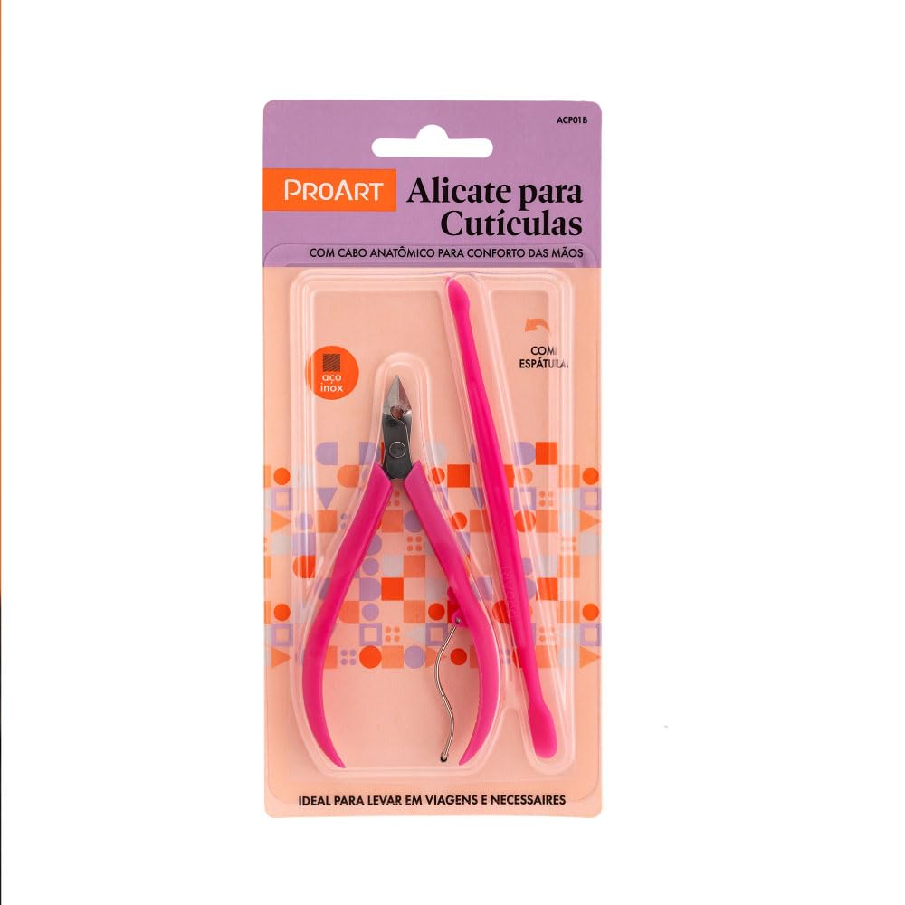 Detalhe do alicate de cutícula Proart rosa com cabo plástico