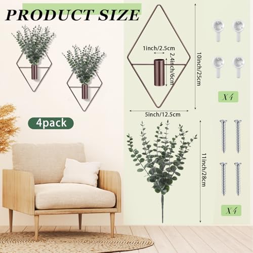 Image of Jexine 8 Pcs Hanging Planters with Artificial Eucalyptus Metal Hanging Vase Indoor Plants Holder Modern Geometric Boho Bathroom Wall Decor for Living Room Home Office, Bronze