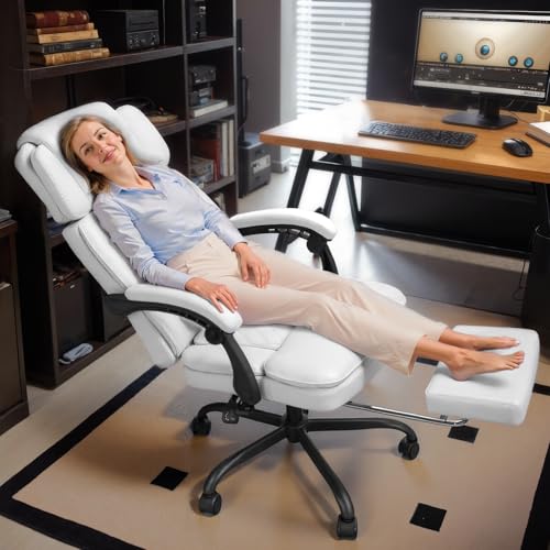 Image of 400lbs Office Chair with Foot Rest, Ergonomic Big and Tall Office Chair with Adjustable Headrest, High Back PU Leather Computer Chair,Comfy Heavy Duty Office Desk Chair (Classic White)