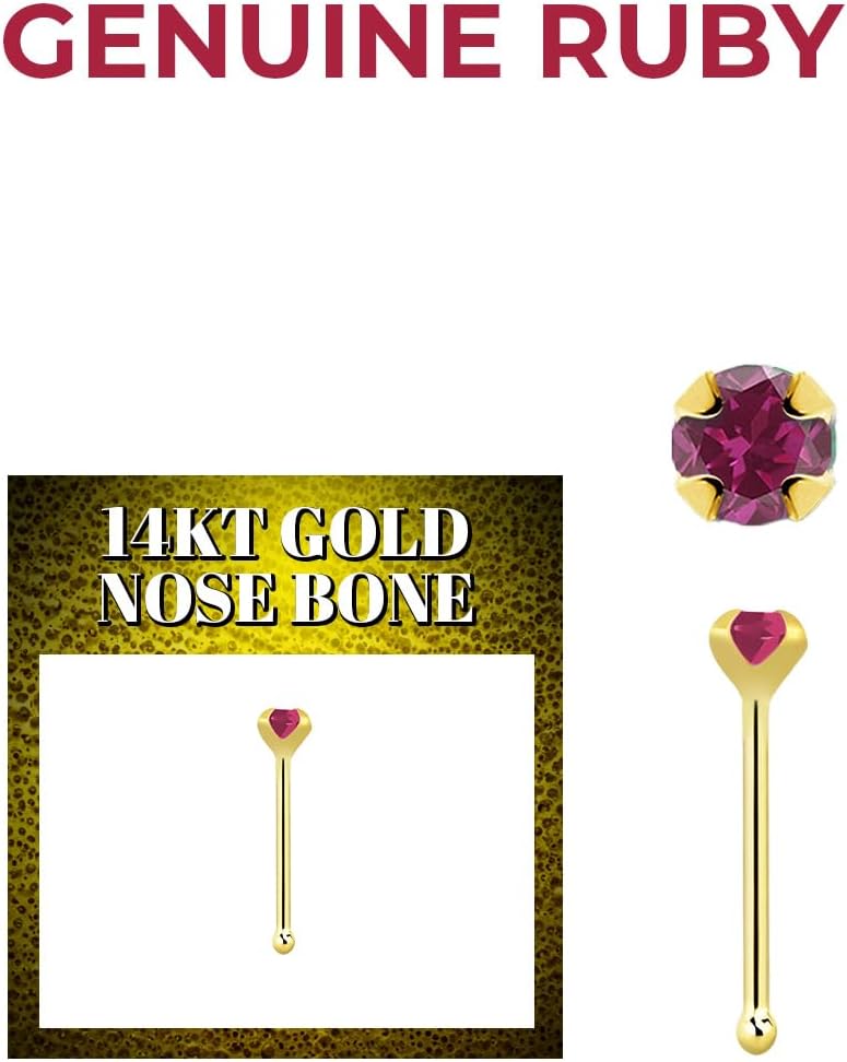 Satix 14K Solid Gold Bone Nose Stud 22G Tiny Nose Ring Prong Set Real Precious Gems 2mm Genuine Stone Nose Bone Studs 1/4 Inch (6mm)
